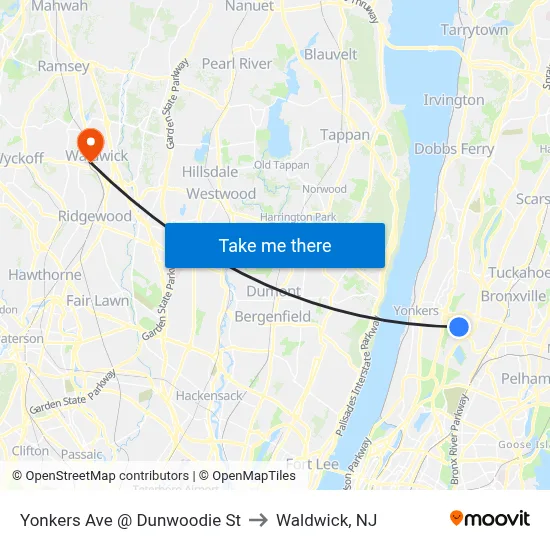 Yonkers Ave @ Dunwoodie St to Waldwick, NJ map