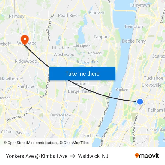 Yonkers Ave @ Kimball Ave to Waldwick, NJ map