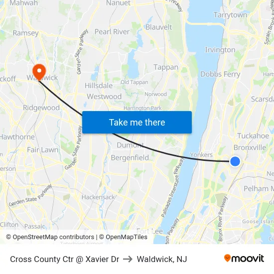 Cross County Ctr @ Xavier Dr to Waldwick, NJ map