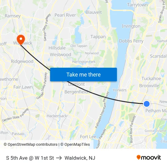 S 5th Ave @ W 1st St to Waldwick, NJ map