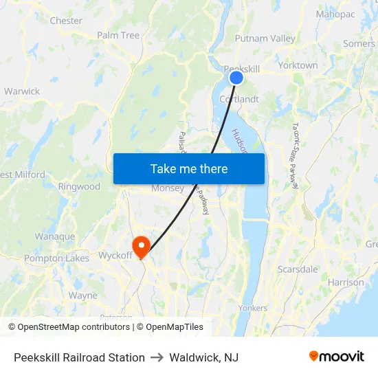 Peekskill Railroad Station to Waldwick, NJ map