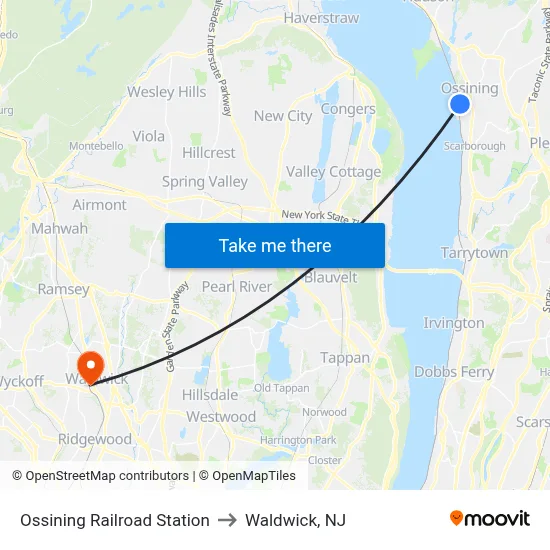 Ossining Railroad Station to Waldwick, NJ map