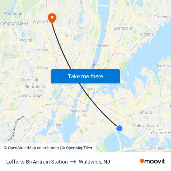 Lefferts Bl/Airtrain Station to Waldwick, NJ map