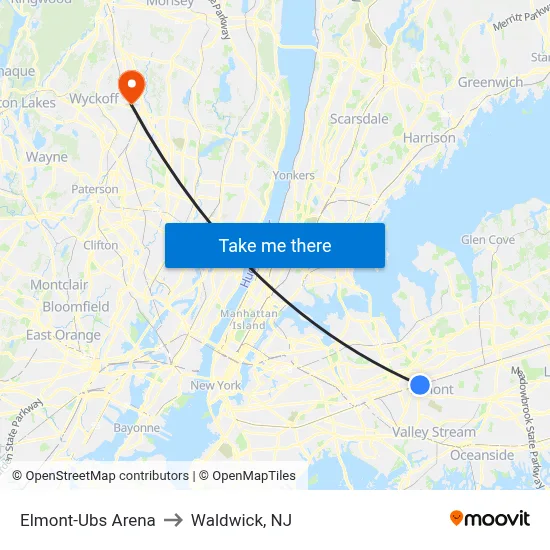 Elmont-Ubs Arena to Waldwick, NJ map
