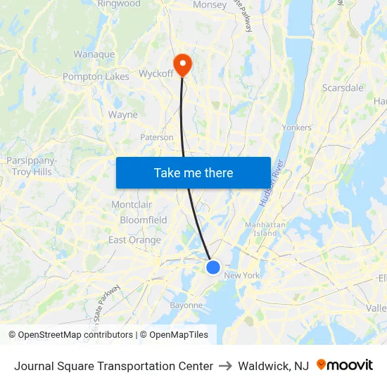 Journal Square Transportation Center to Waldwick, NJ map