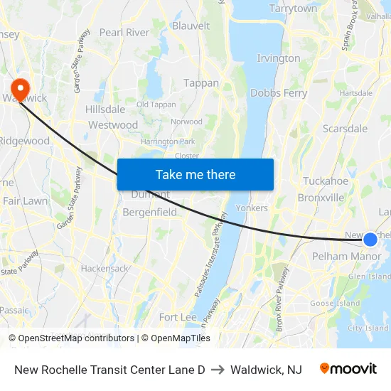 New Rochelle Transit Center Lane D to Waldwick, NJ map