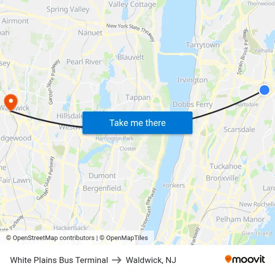 White Plains Bus Terminal to Waldwick, NJ map