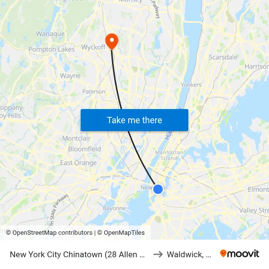 New York City Chinatown (28 Allen St) to Waldwick, NJ map