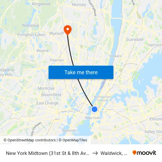 New York Midtown (31st St & 8th Ave) to Waldwick, NJ map