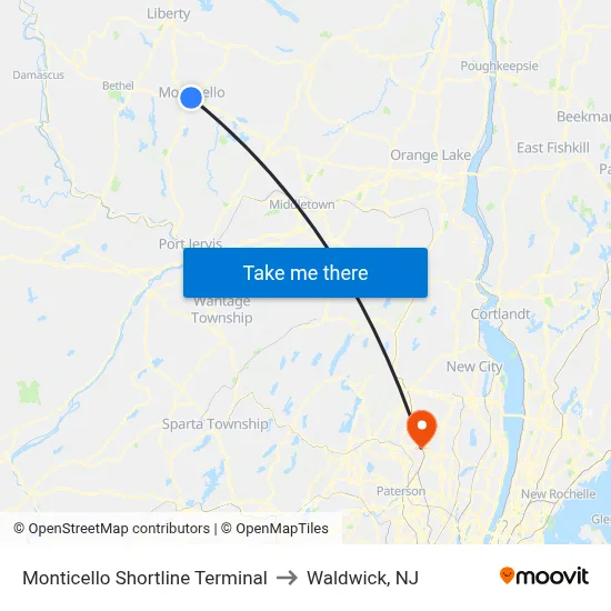 Monticello Shortline Terminal to Waldwick, NJ map