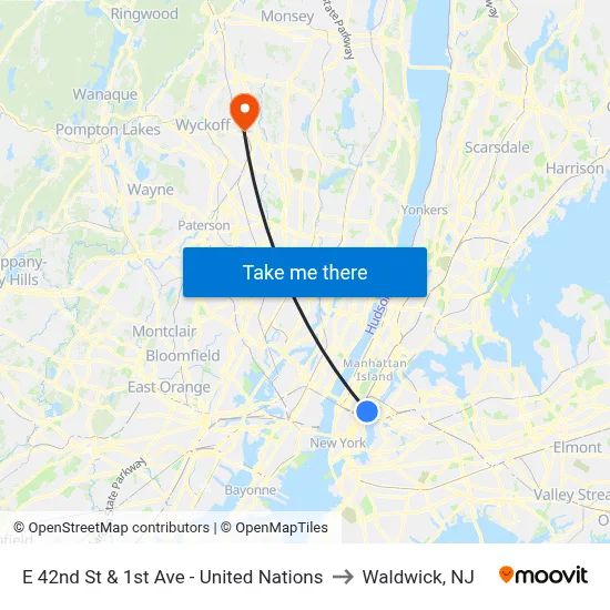E 42nd St & 1st Ave - United Nations to Waldwick, NJ map