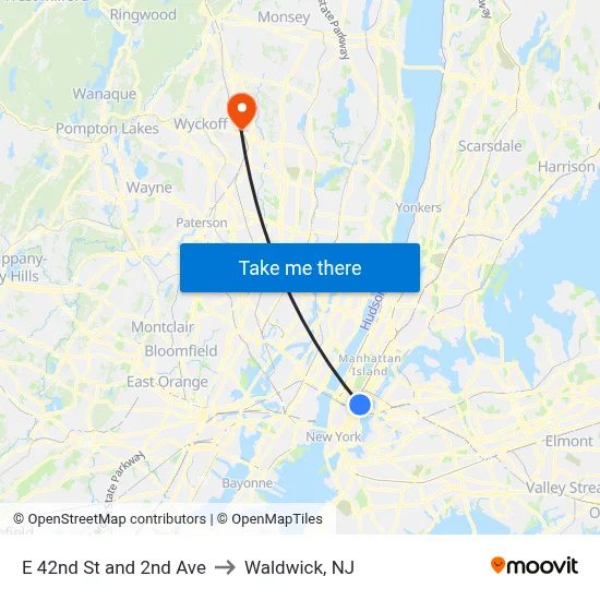 E 42nd St and 2nd Ave to Waldwick, NJ map