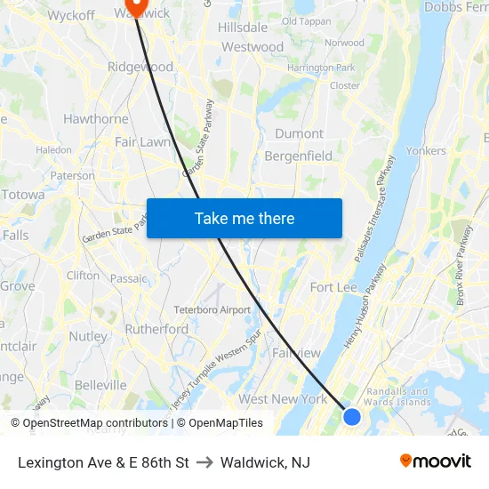 Lexington Ave & E 86th St to Waldwick, NJ map