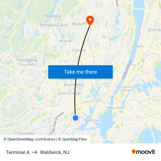 Terminal A to Waldwick, NJ map