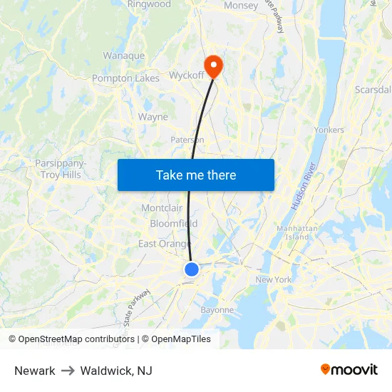 Newark to Waldwick, NJ map