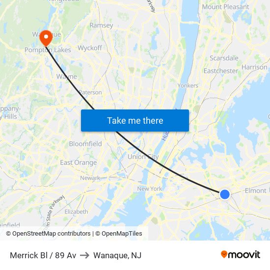 Merrick Bl / 89 Av to Wanaque, NJ map