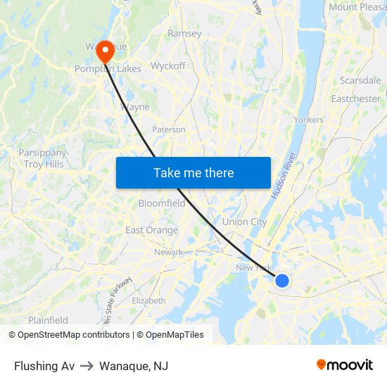 Flushing Av to Wanaque, NJ map