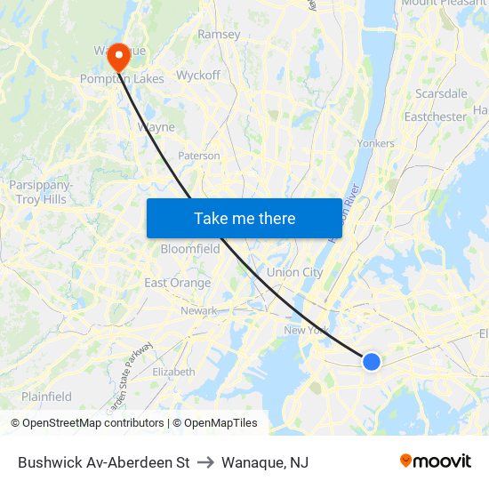 Bushwick Av-Aberdeen St to Wanaque, NJ map