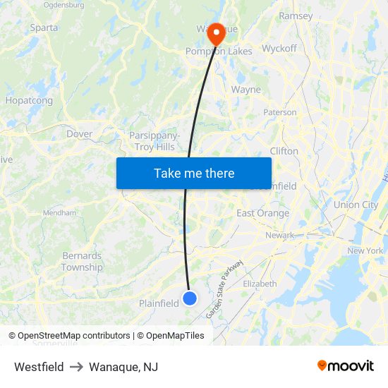 Westfield to Wanaque, NJ map