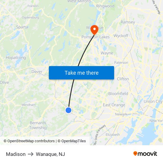 Madison to Wanaque, NJ map