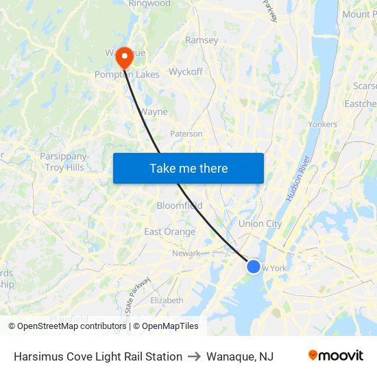 Harsimus Cove Light Rail Station to Wanaque, NJ map