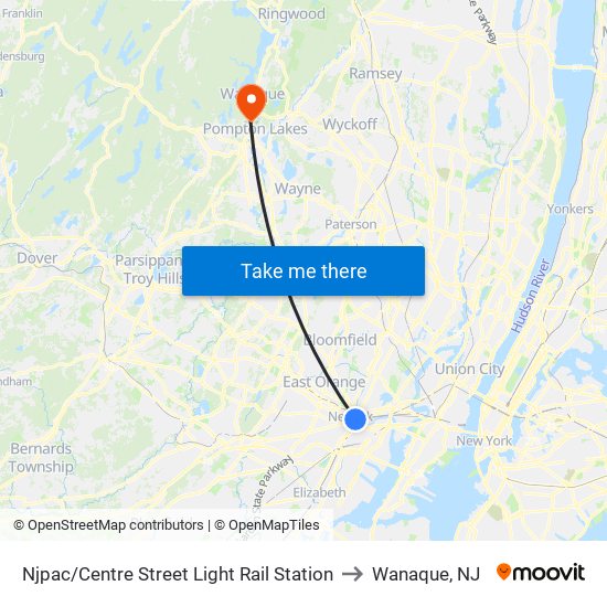 Njpac/Centre Street Light Rail Station to Wanaque, NJ map