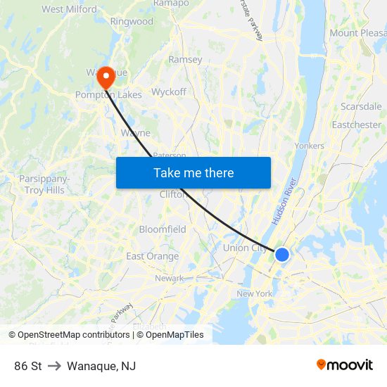 86 St to Wanaque, NJ map