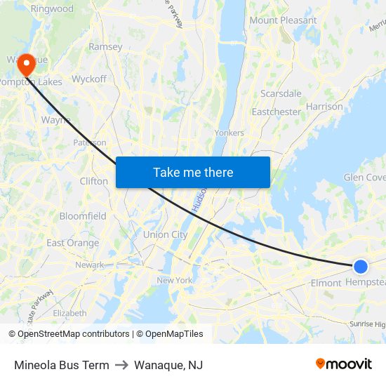 Mineola Bus Term to Wanaque, NJ map