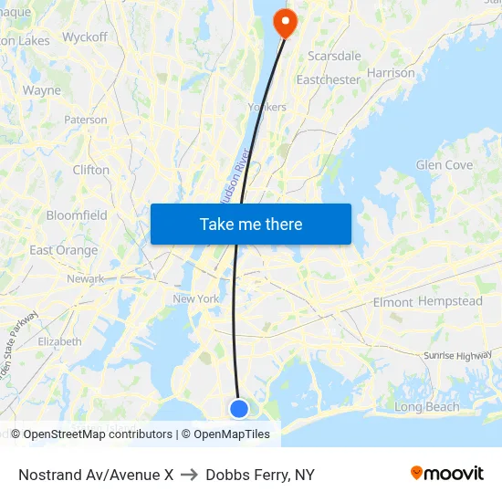 Nostrand Av/Avenue X to Dobbs Ferry, NY map