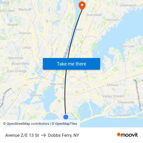 Avenue Z/E 13 St to Dobbs Ferry, NY map