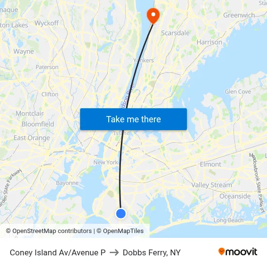 Coney Island Av/Avenue P to Dobbs Ferry, NY map