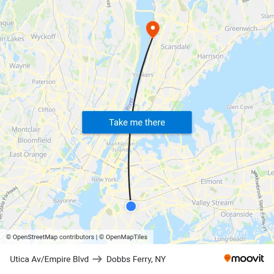 Utica Av/Empire Blvd to Dobbs Ferry, NY map