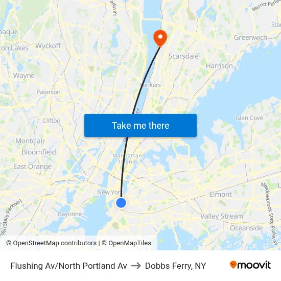 Flushing Av/North Portland Av to Dobbs Ferry, NY map