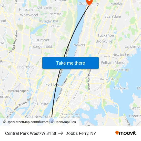 Central Park West/W 81 St to Dobbs Ferry, NY map