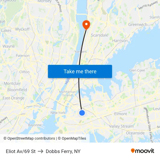 Eliot Av/69 St to Dobbs Ferry, NY map