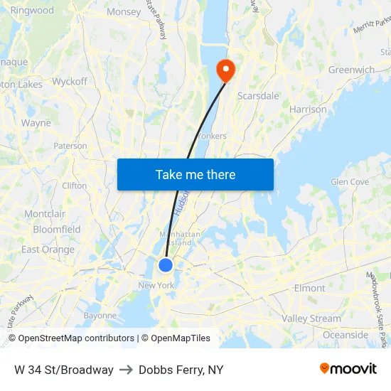 W 34 St/Broadway to Dobbs Ferry, NY map