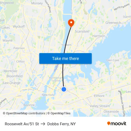 Roosevelt Av/51 St to Dobbs Ferry, NY map