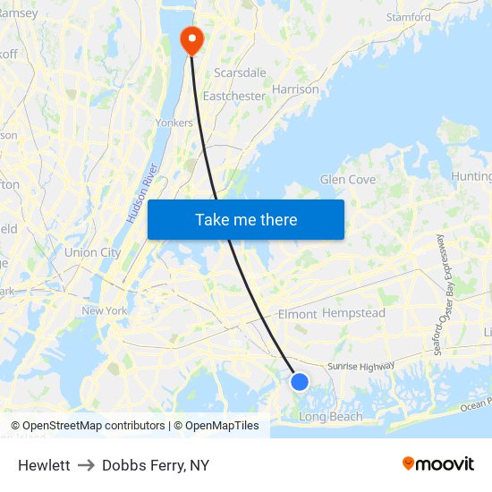 Hewlett to Dobbs Ferry, NY map