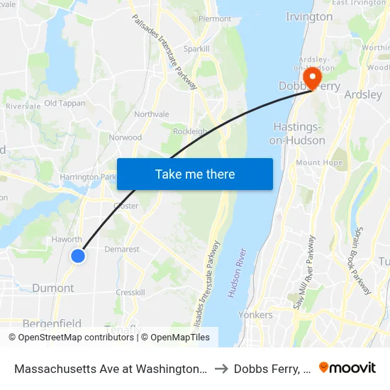 Massachusetts Ave at Washington Ave to Dobbs Ferry, NY map