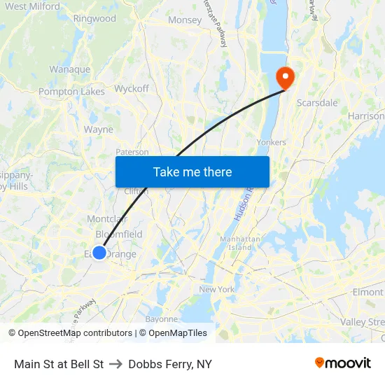 Main St at Bell St to Dobbs Ferry, NY map