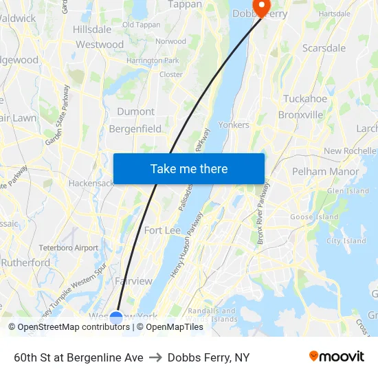 60th St at Bergenline Ave to Dobbs Ferry, NY map