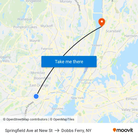 Springfield Ave at New St to Dobbs Ferry, NY map