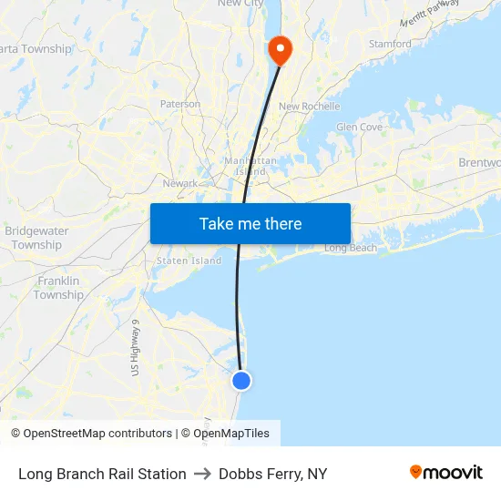 Long Branch Rail Station to Dobbs Ferry, NY map