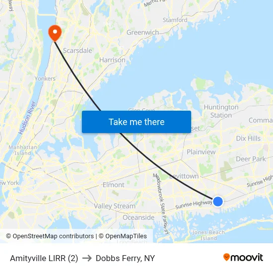 Amityville LIRR (2) to Dobbs Ferry, NY map