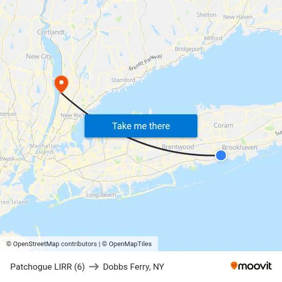 Patchogue LIRR (6) to Dobbs Ferry, NY map