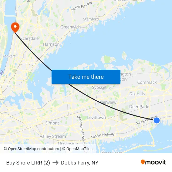 Bay Shore LIRR (2) to Dobbs Ferry, NY map