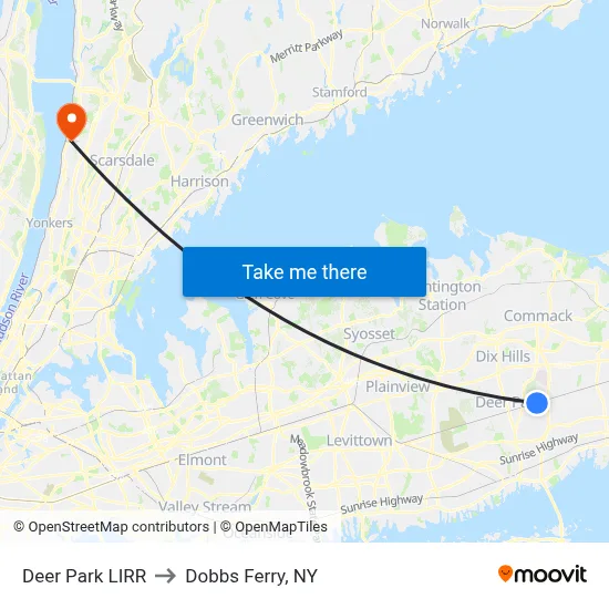 Deer Park LIRR to Dobbs Ferry, NY map
