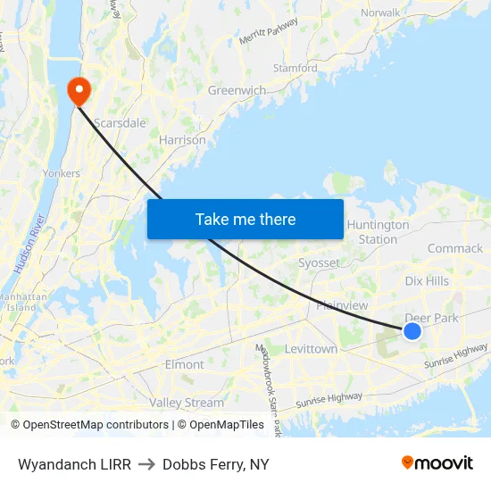 Wyandanch LIRR to Dobbs Ferry, NY map