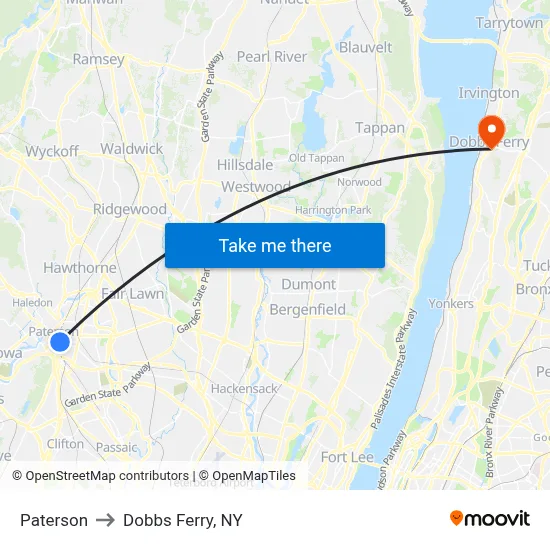 Paterson to Dobbs Ferry, NY map