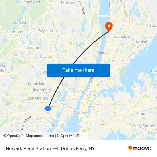 Newark Penn Station to Dobbs Ferry, NY map